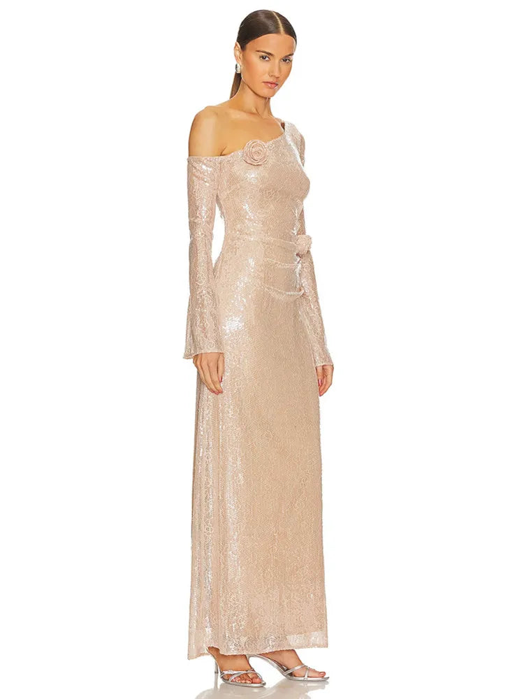 Chic Luxury Women Celebrity Sexy One Shoulder Beige Mesh Sequins Maxi Long Gowns Dress 2025 Elegant Evening Party Club Vestido