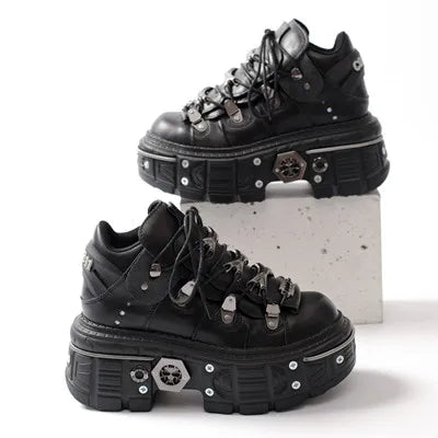 2025 Fashion Women Ankle Boots Woman's Thin Heels Round Toe Lace-Up Metal Decoration Sneakers Ladies Rivet Punk Gothic Rock Shoe black 2