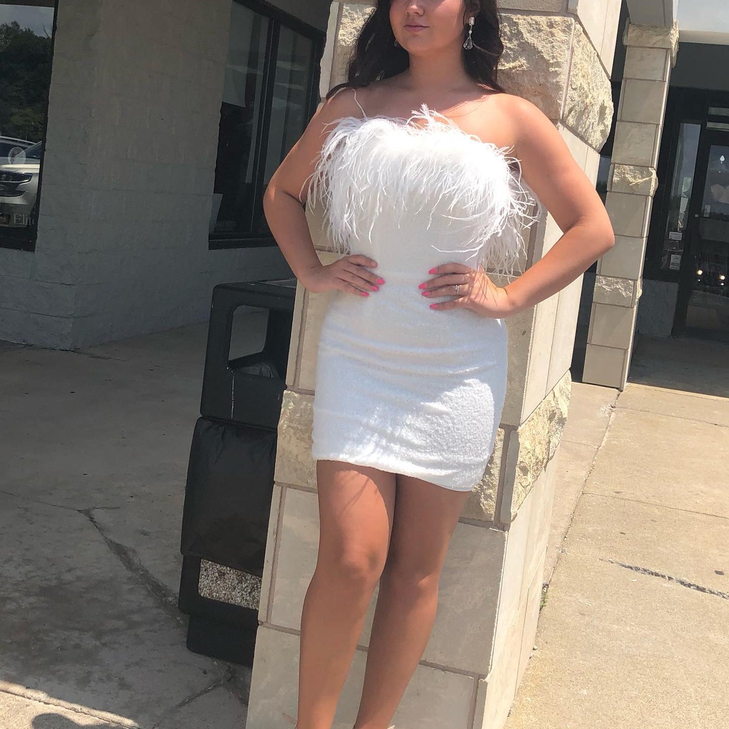 Sequin Mini Hoco Dress 2024 NYE Feather Strapless Short Lady Formal Homecoming Party Gown Club Night Cocktail Prom Gala RoseGold White