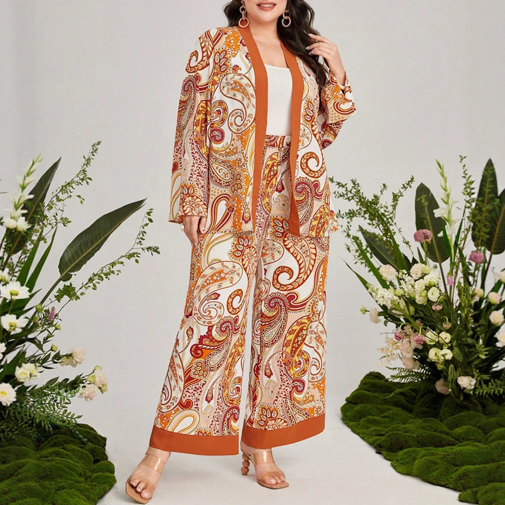 Plus Size Rafiah Women's Summer 2025 Sets Paisley Print Long Sleeve Top Wide Leg Pants Contrast Trim Retro Two Piece Sets Orange