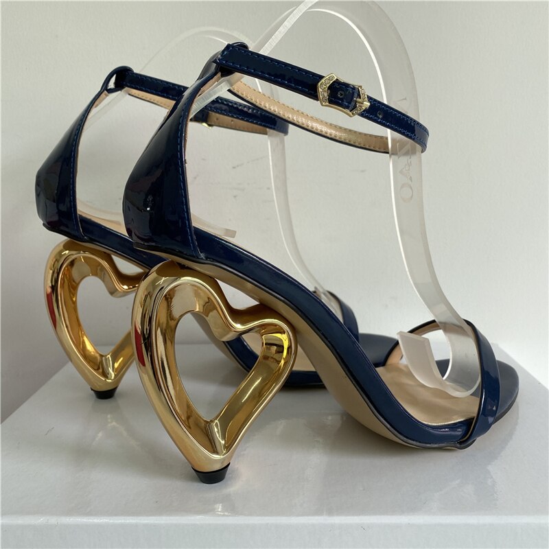 Unique Fretwork Heart-Shaped Heel Sandals Women 2024 Concise One-strap Strange Heels Summer Party Shoes Woman Dark Blue