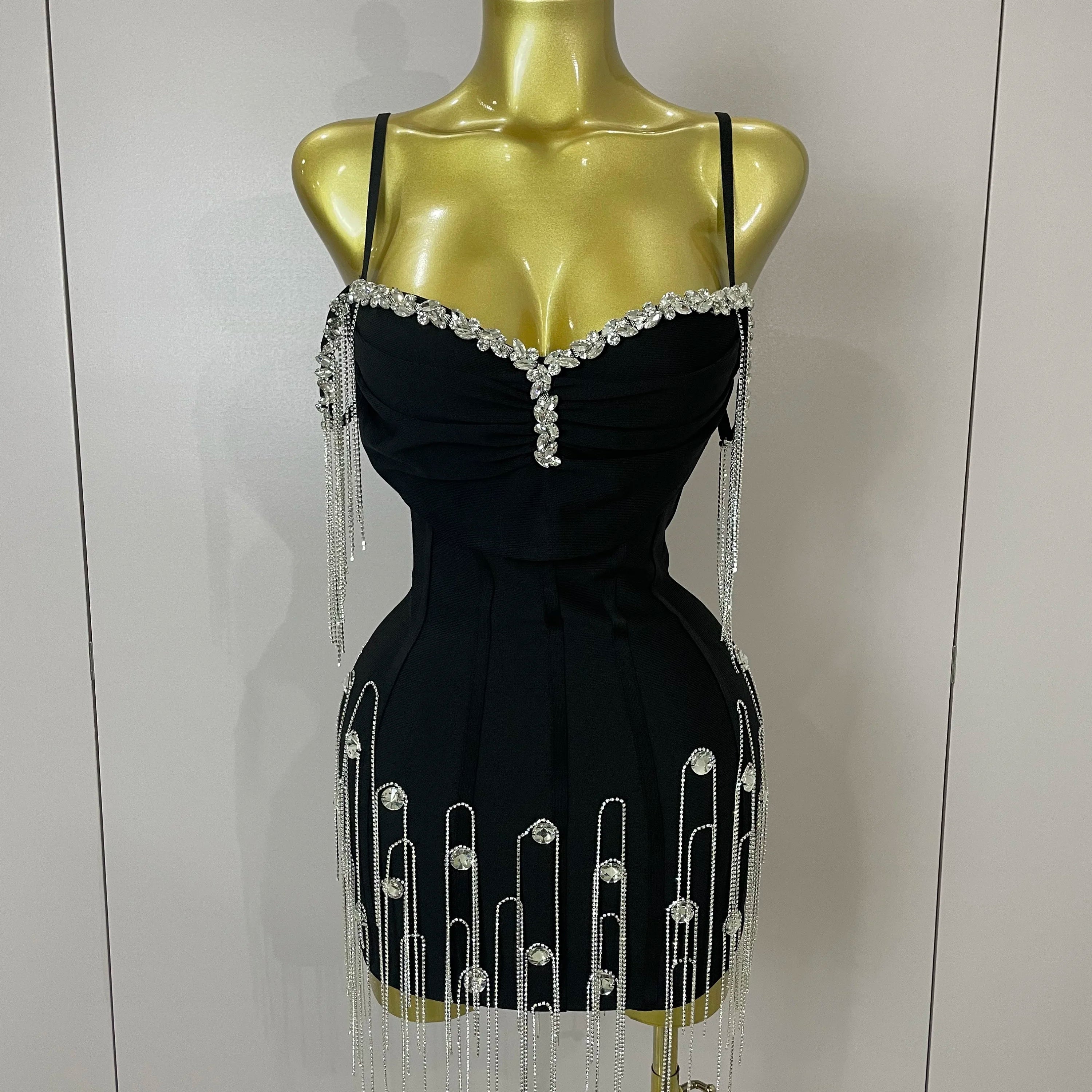 Sexy Backless Spaghetti Strap Black Sleeveless Bodycon Bandage Dress Women Elegant Prom Gown Club Evening Party Birthday Dresses black