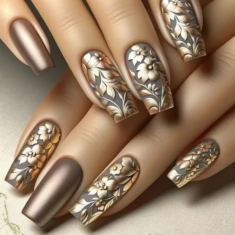 Winter 3D Flower Ballerina Press On Nails Set Long Glossy Coffee Brown False Nails With Golden Floral Accents Fake Nails Set DK-24103