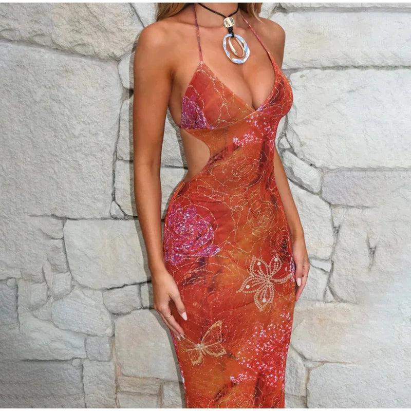 Women's Sexy Deep V High Waist Printed Halter Dress Sleeveless Slim Fit Backless Lace Up Dresses Summer Fashion Party Dress 2025