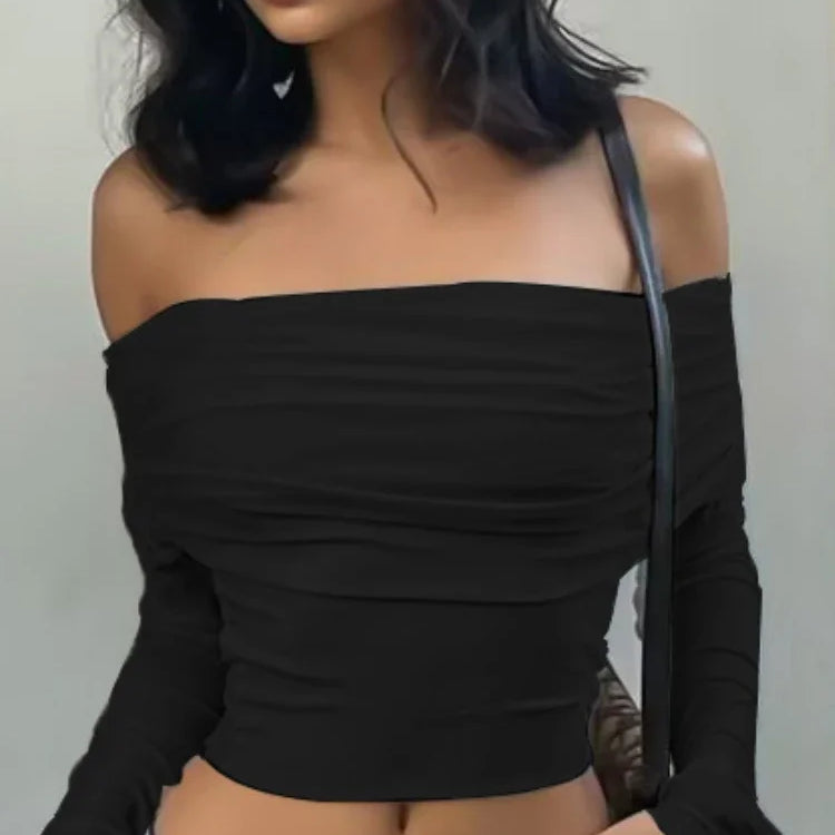 Women Off Shoulder Long Sleeve Slim Tops and Blouses Mesh Ruched Crop Tops Summer Autumn Y2K Sexy Elegant Shirts Female Black