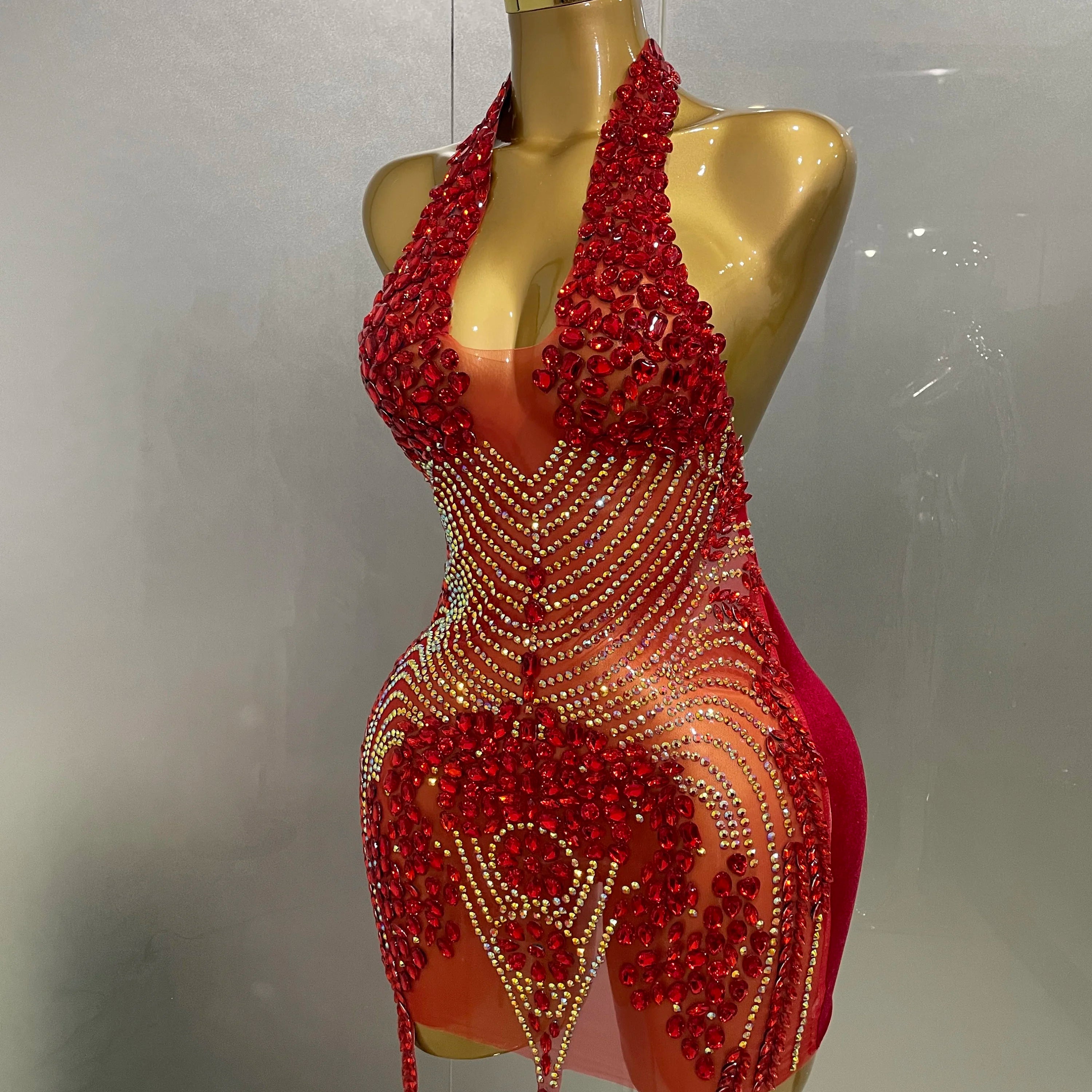 Sexy Red Sparkly Rhinestones Halter Backless Velour Short Dress 2025 New Women Evening Prom Celebrate Birthday Party Stage Wear