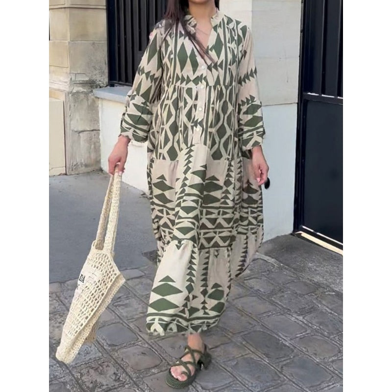 Women Print Shirt Maxi Dress Summer Vintage Boho Long Sleeve Pleated Dress Ladies Oversize Loose Buttons V Neck Dress Vestido