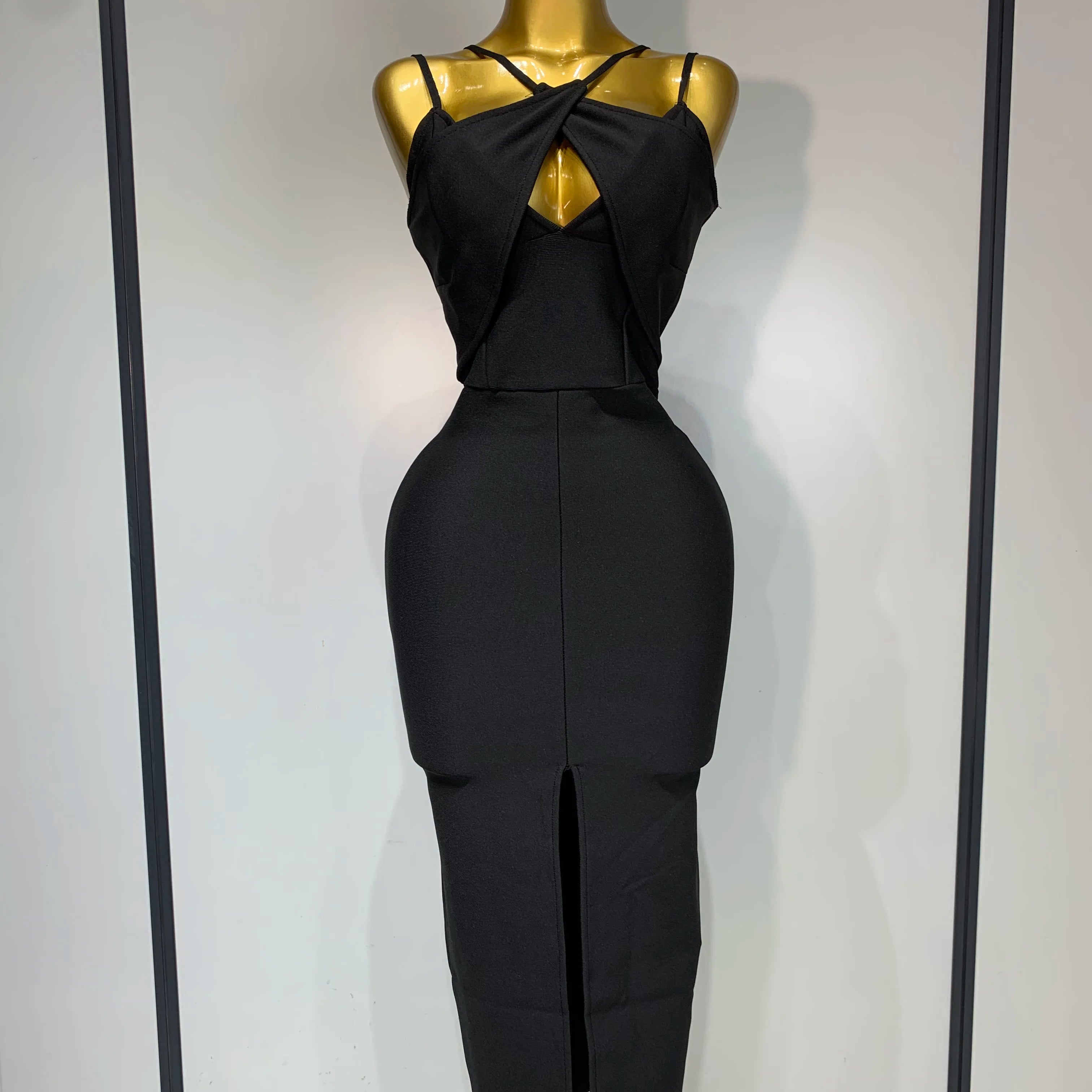 Women Sexy Sleeveless Hollow out Split Backless Black Midi Bandage Dress 2025 Celebrity Elegant Evening Cocktail Party Dresses black