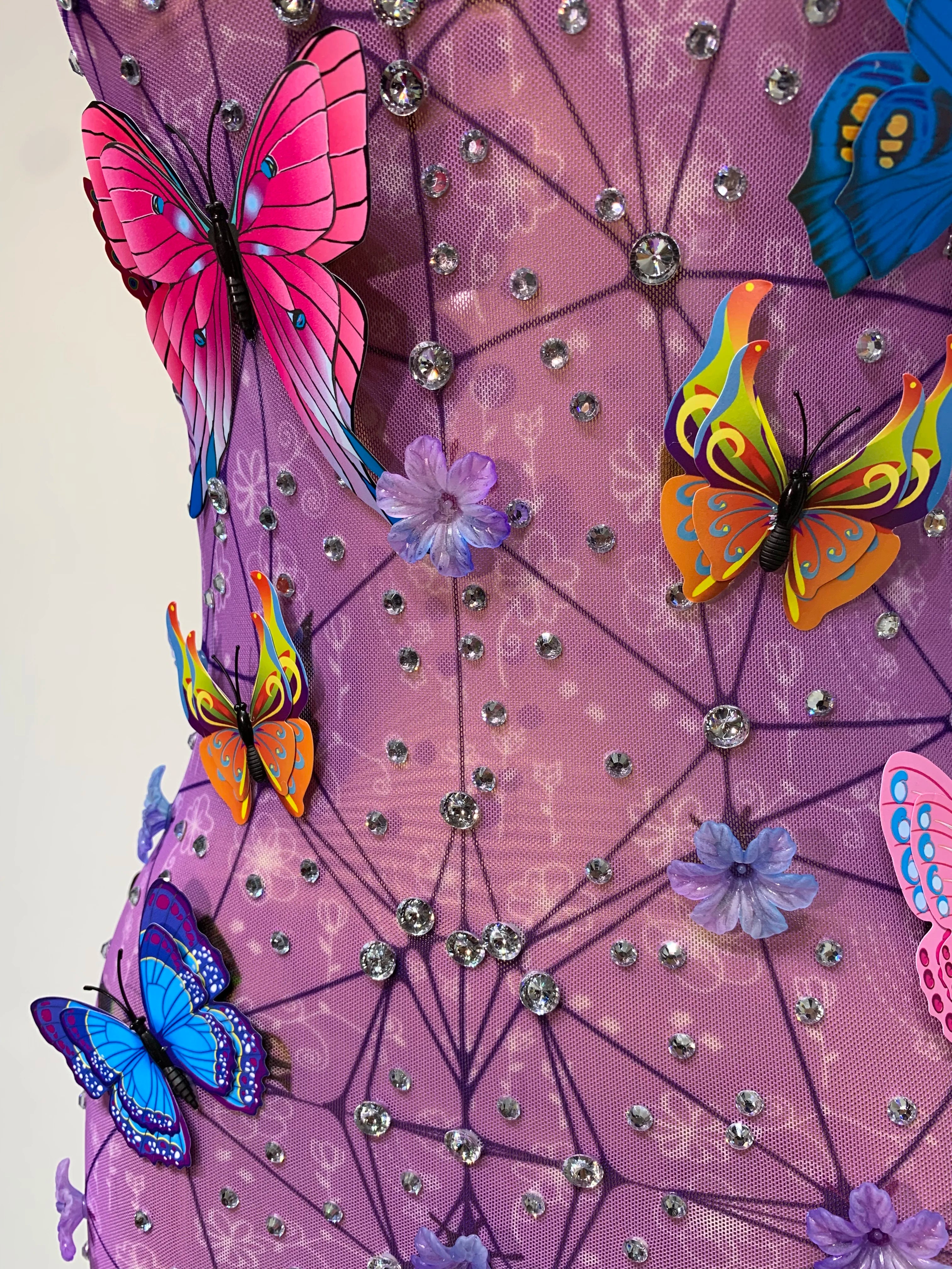 Sparkly Women Sexy Mesh See Through Dress 2025 Butterfly Purple Celebrity Luxury Birthday Nightclub Stage Outfit