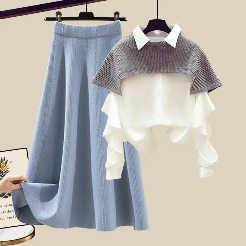 Spring and Autumn Suits Women's Fashion Waist Closing Slim Shawl Shirt Skirt Three Piece Set 3 Blue Set