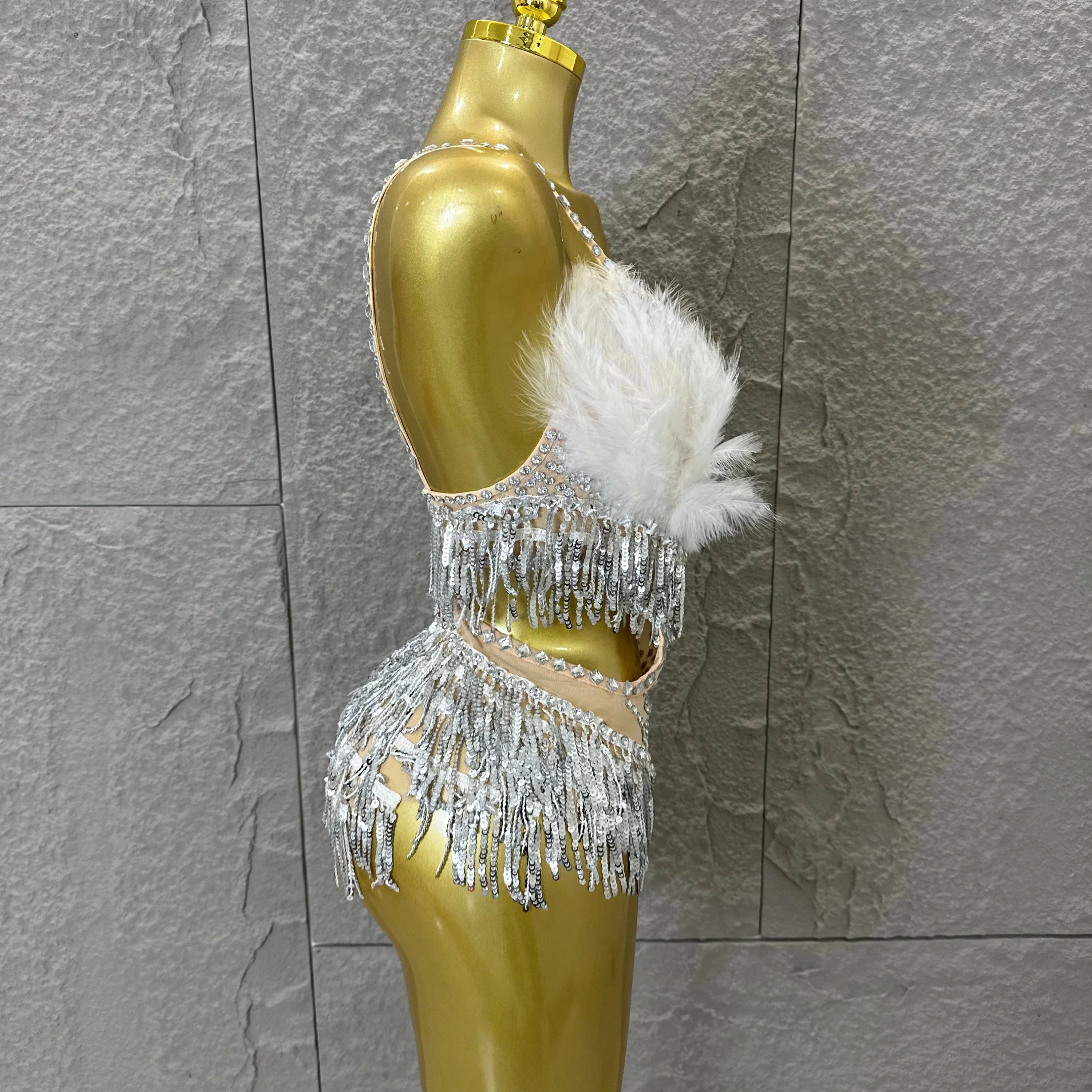 Luxurious Sheer Mesh Bodysuit Women Sexy Crystal Embellished Feather Fringe Trim Spaghetti Strap Outfit Stage Performance Outfit
