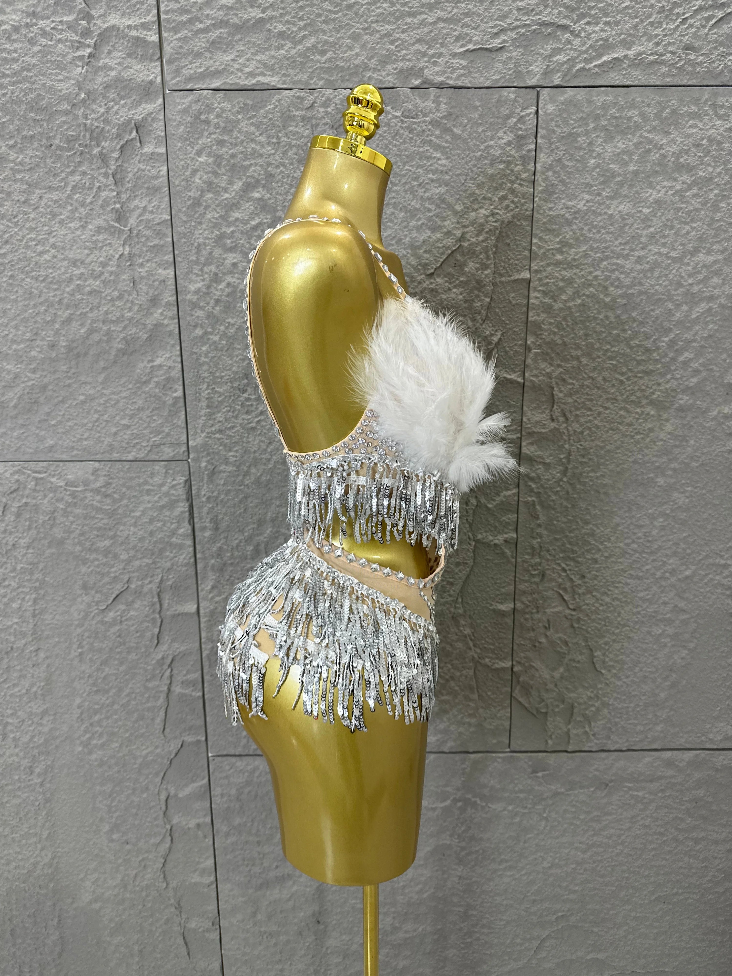 Luxurious Sheer Mesh Bodysuit Women Sexy Crystal Embellished Feather Fringe Trim Spaghetti Strap Outfit Stage Performance Outfit
