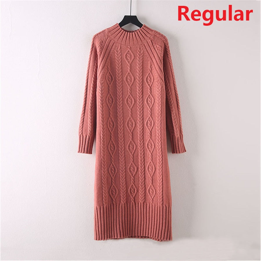 Winter Thicken Plus Velvet Sweater Dress Women's Fall Mock Neck Rib Knit Bottoming Dresses Elegant Warm Vestido Midi With Coats coral red