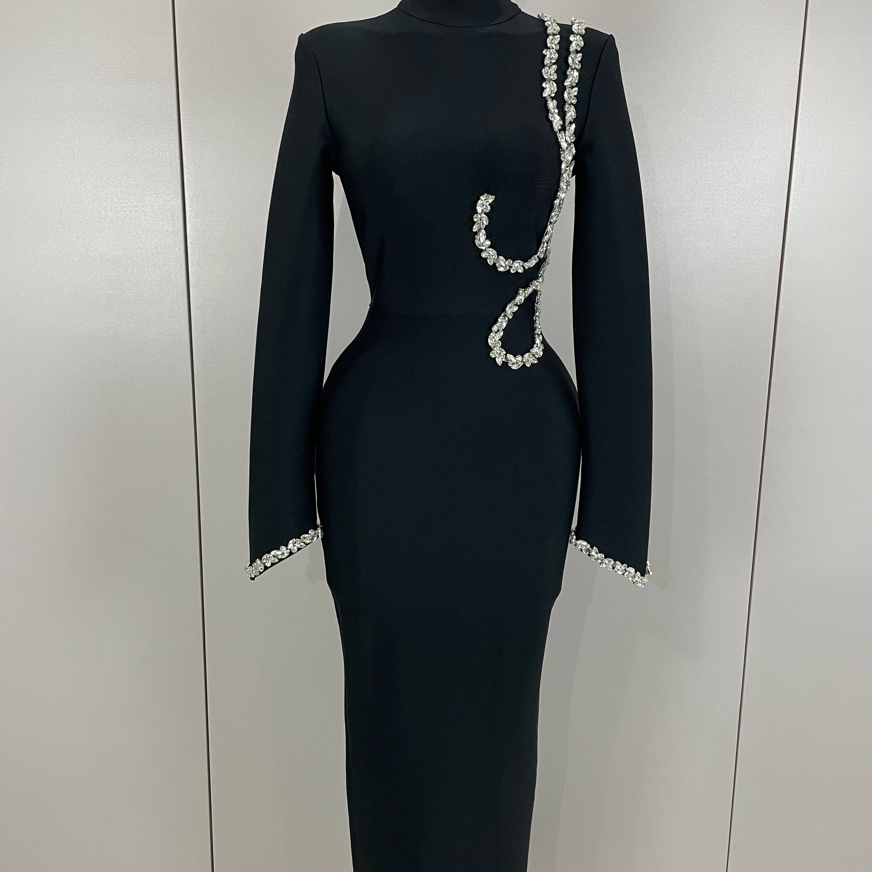 Sexy Long Sleeve Diamonds Maxi Long Bodycon Bandage Dress 2025 Women Celebrity Elegant Evening Party Luxury Birthday Dresses black