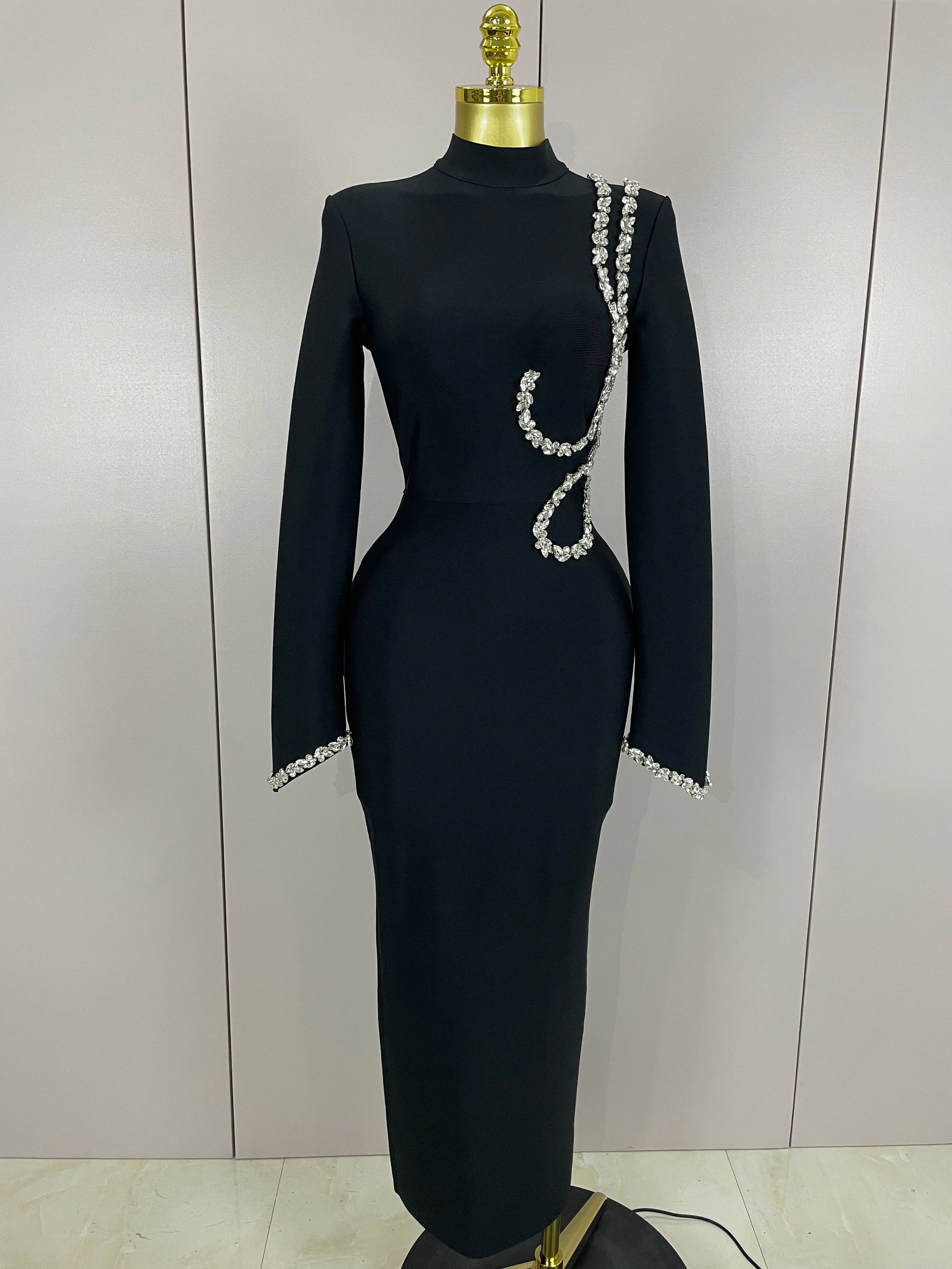 Sexy Long Sleeve Diamonds Maxi Long Bodycon Bandage Dress 2025 Women Celebrity Elegant Evening Party Luxury Birthday Dresses black