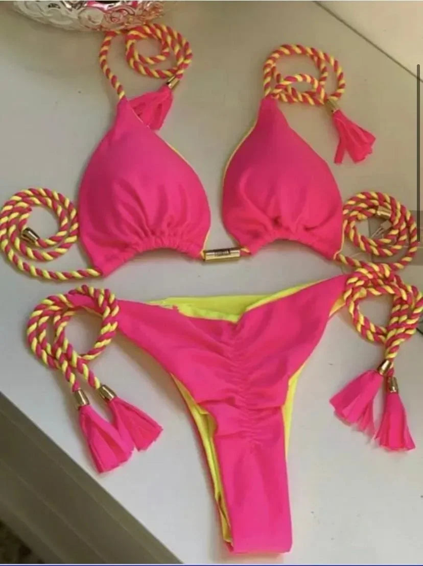 New Women Bikini Backless Rope Triangle Swimsuit Multicolor 8244
