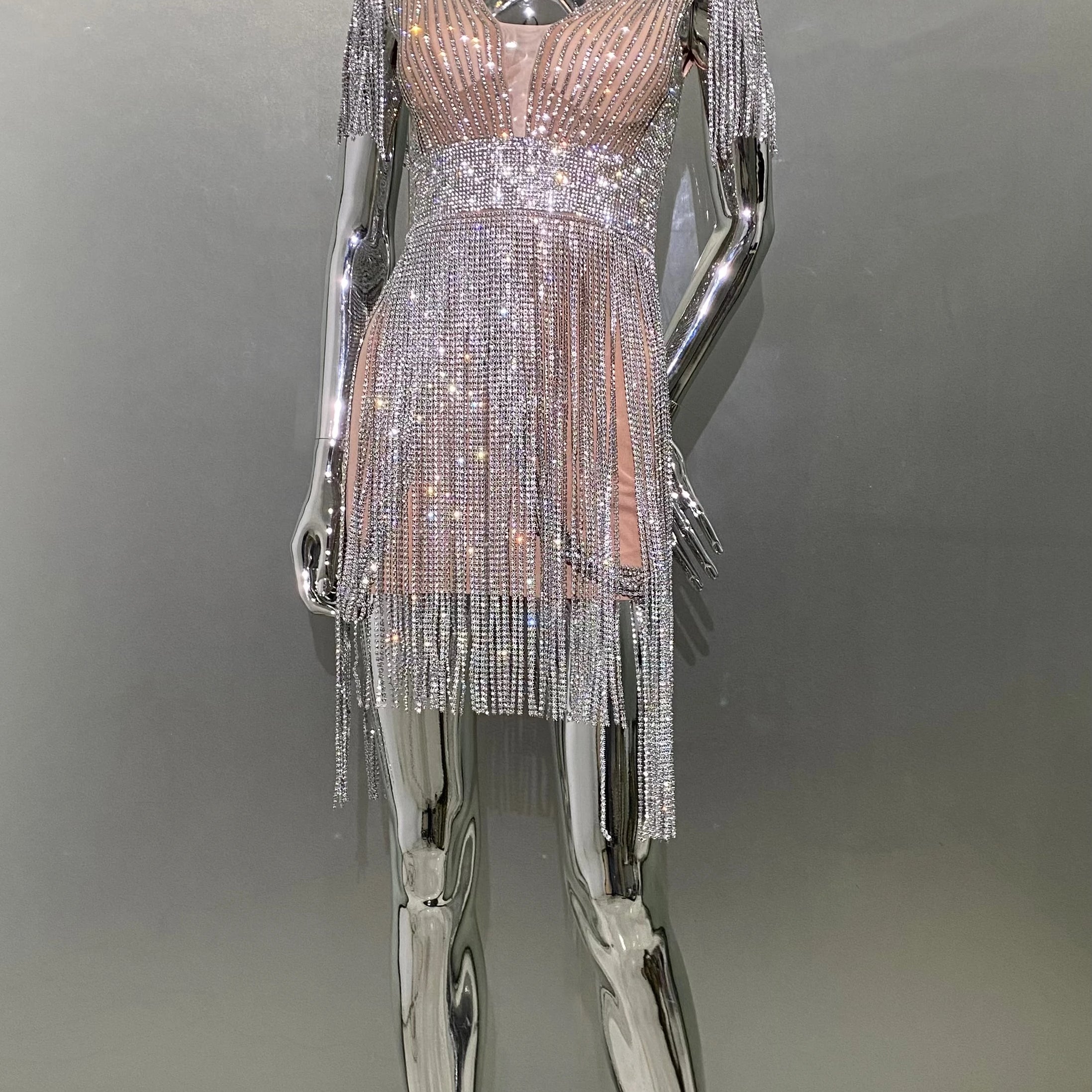 STOCK Super Shining Diamonds Tassel Sleeveless Mini Evening Dress Woman Birthday Party Outfit Performance Costume