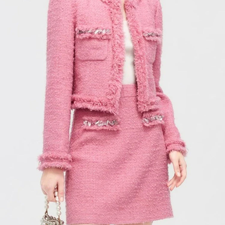 Luxury Style Fashion Diamonds Women's Tweed Woolen Jacket And Skirt Suit Elegant Autumn Winter Office Dress Set 2 Piece Outfits