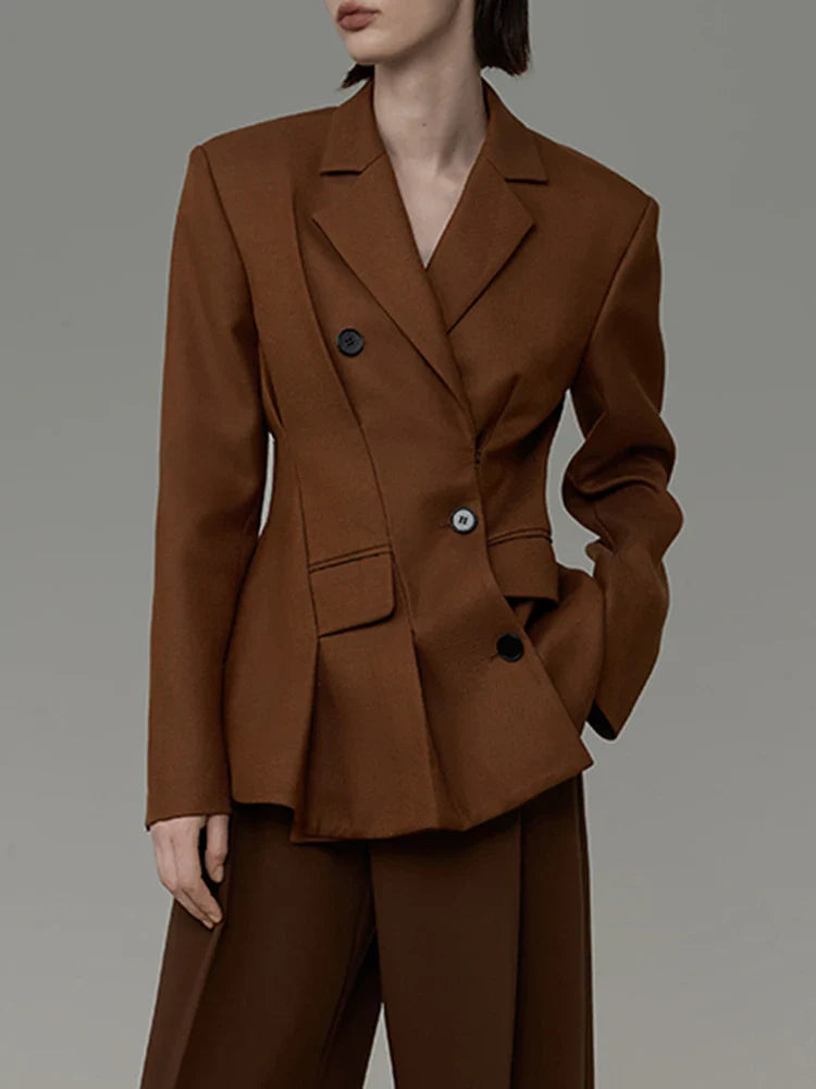 DEAT Fashion Women's Blazer Notched Collar Long Sleeve Diagonal Single Breasted Folds Waist Suit Jacket Spring New 7AB1120