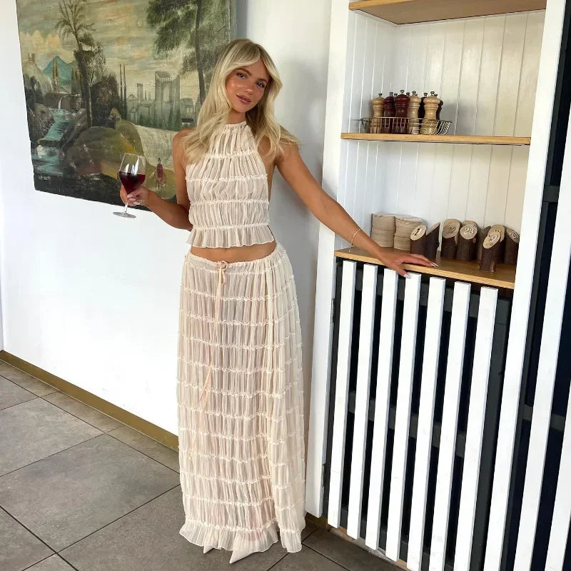 Women’s Summer Vacation Beach Cover-ups Dress Sets Sleeveless Ruched Halter Neck Long Skirt Suit Top Lace Up Fold Maxi Skirts