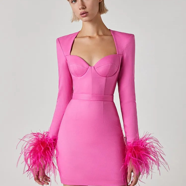 Women Winter Sexy Long Sleeve Feather Hot Pink Black Mini Bandage Dress Elegant Evening Club Party Dress