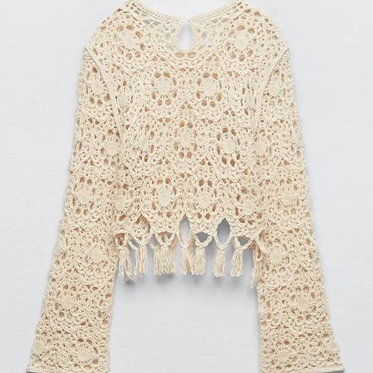 Jacquard Hollow Crochet Knit Tassel Skirts Sets Long Sleeved Woven Cropped Top Long Skirts Suits Women's Vacation Outfits Top