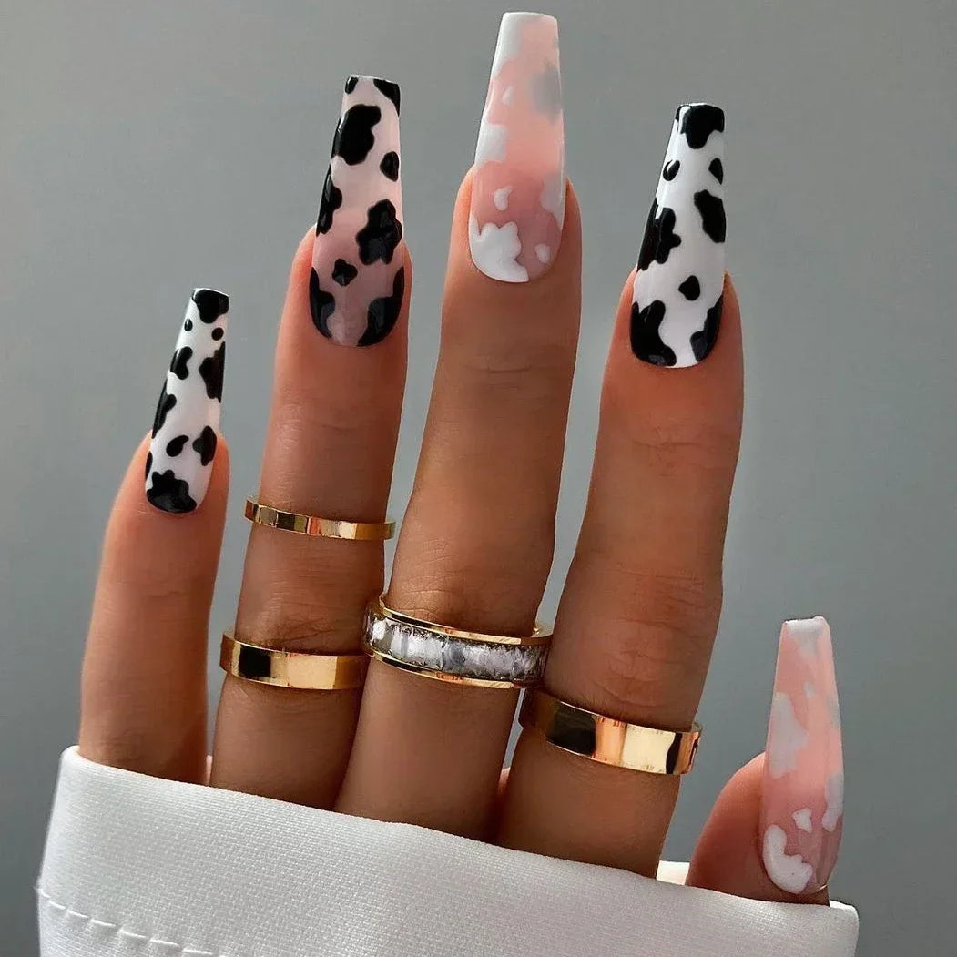 Cherry Leopard Print Almond Fake Nails Art Ballet Pointed False Nails Charms Flower Star Love Heart Press on Nails Manicure Tool MT5229JP1399