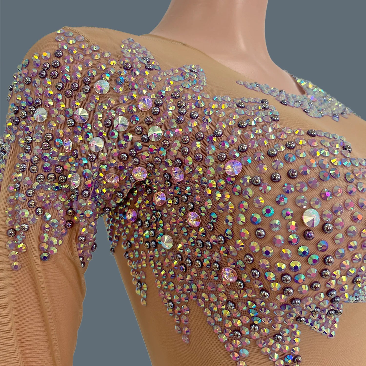 Sexy Transparent Tight Jumpsuit Women High Street Purple Performance Dancer Costume Mesh Diamonds Show Stage Rompers Ziluolan