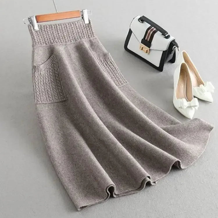 Autumn Winter Warm Wool Knitting Long Skirts Women High Waist with Pocket Loose Female Solid Knit Mid-Calf Skirt B790 camel