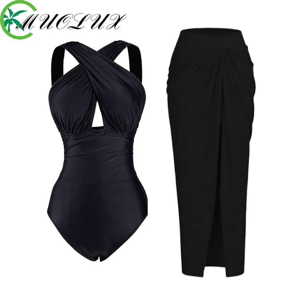 MUOLUX Women Swimsuit Female Vintage One Piece Swimwear Bikini Set Holiday Beach Solid Dress Bathing Suit Summer Plus Size a set 3