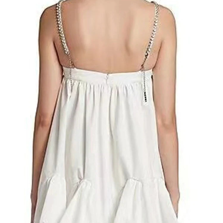 DEAT New Trendy Women's Diamonds Chain Pleated Sling Dress Spring Fashion Off-shoulder Sleeveless Dresses Female 33A1209