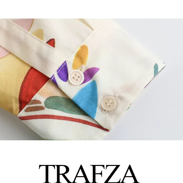 TRAFZA Women New Fashion Suit Print Turn-Down Collar Long Sleeves Buttons Single Breasted Shirts+Elastic Wais Wide Leg Pants