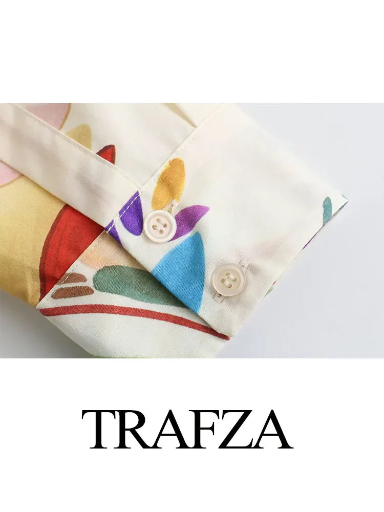 TRAFZA Women New Fashion Suit Print Turn-Down Collar Long Sleeves Buttons Single Breasted Shirts+Elastic Wais Wide Leg Pants