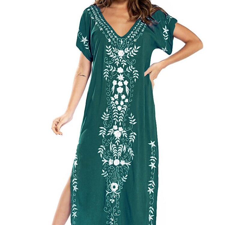 Robe De Plage Embroidery Beach Cover Up Sarong Women Beach Pareo Tunic For Beach Swimwear Green One Size