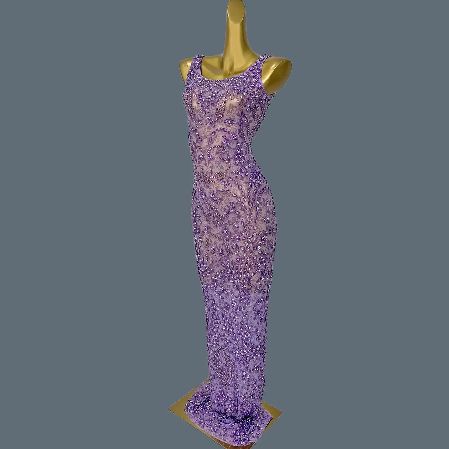 Women Sparkly Rhinestone Purple Couture Birthday Party Sexy Ball Long Dress Elegant See Through Mesh High-end Event Dress Zixia