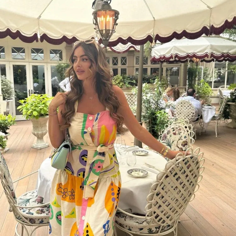 Print Square Neck Sling Midi Dress Women Single Breasted Belt Decoration A-line Dresses Summer Female Chic Beach Party vestido