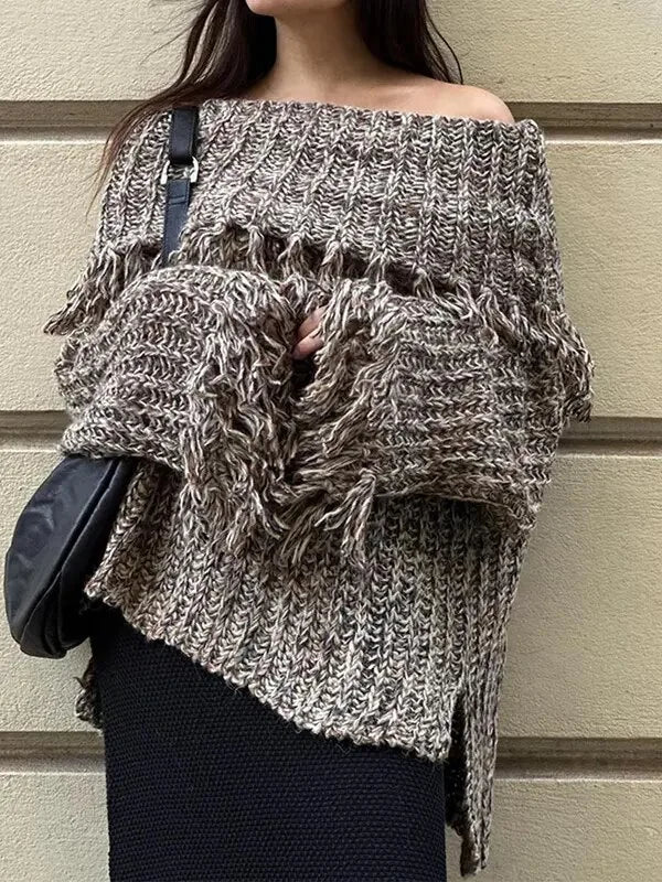 Thicken White Tassel Off Shoulder Sweater Women Elegant Slash Neck Long Sleeve Short Wool Pullover Winter Lady Knit Jumpers Grey Tassel