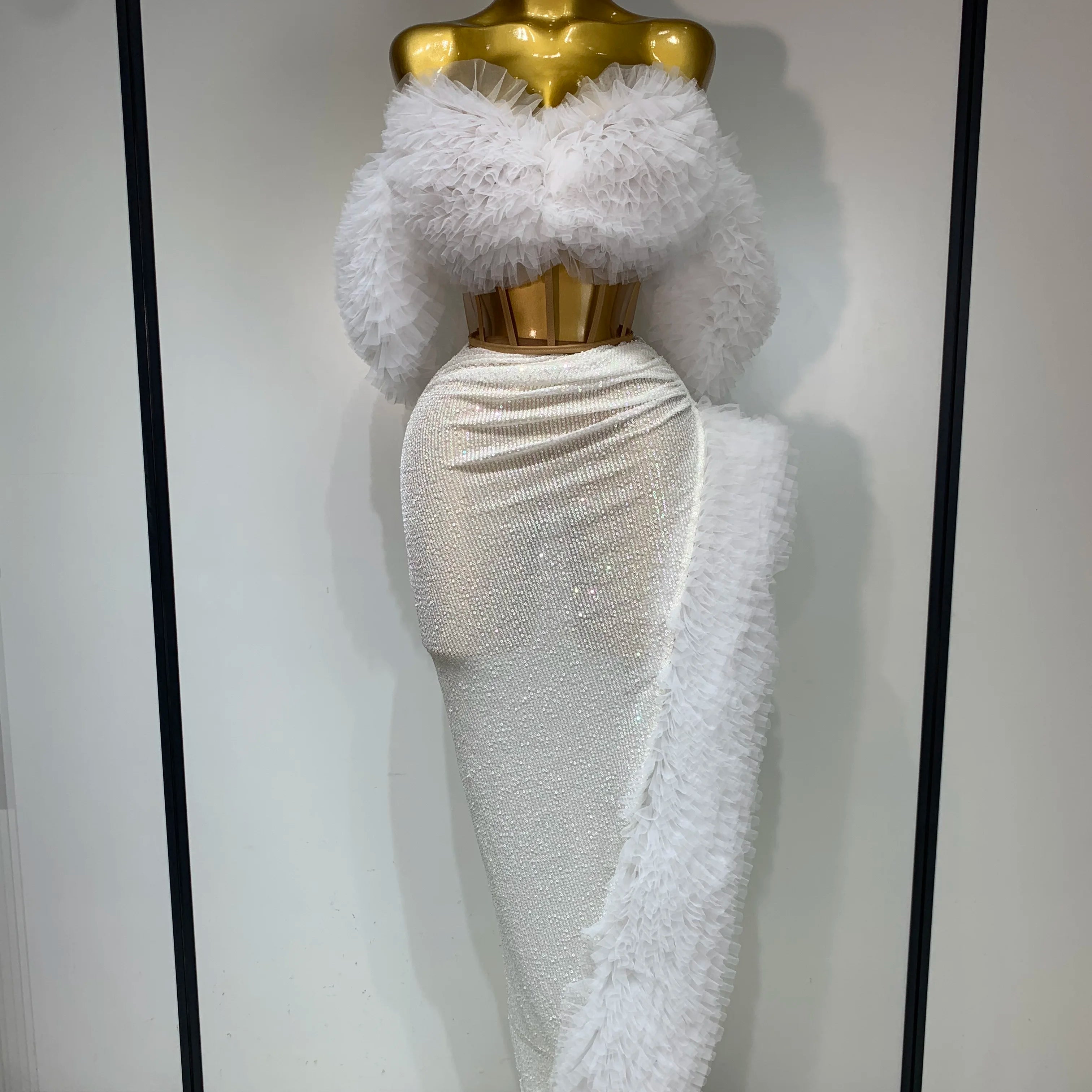 Women Sexy Sparkly Sequins Top Long Skirt Two Pieces Set Festival Celebrate Evening Party Luxury Birthday Nightclub Stage Outfit WHITE