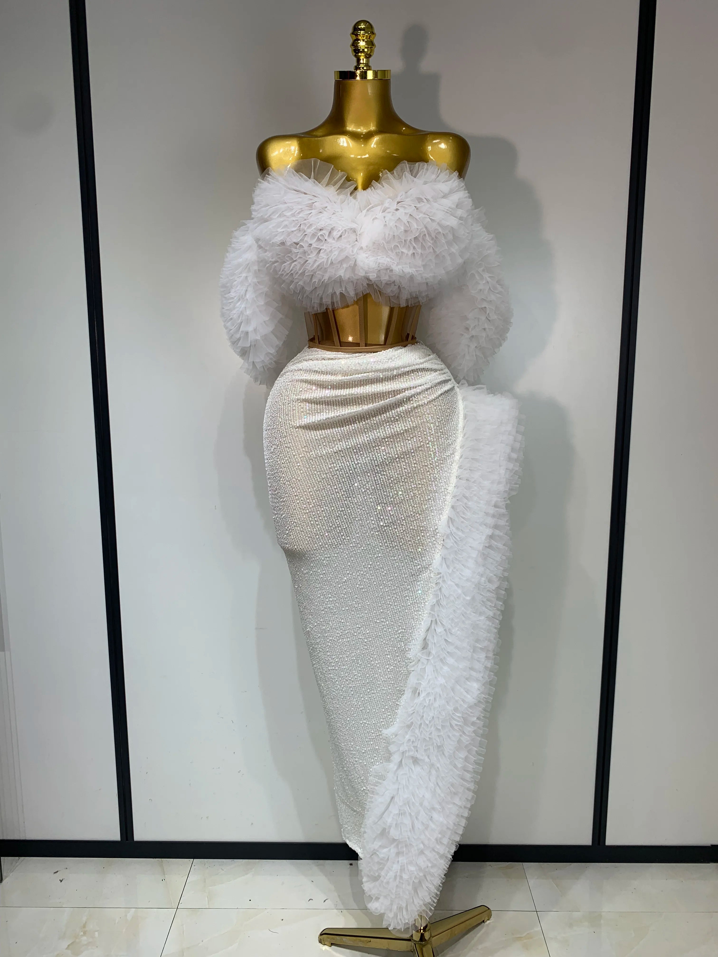 Women Sexy Sparkly Sequins Top Long Skirt Two Pieces Set Festival Celebrate Evening Party Luxury Birthday Nightclub Stage Outfit WHITE