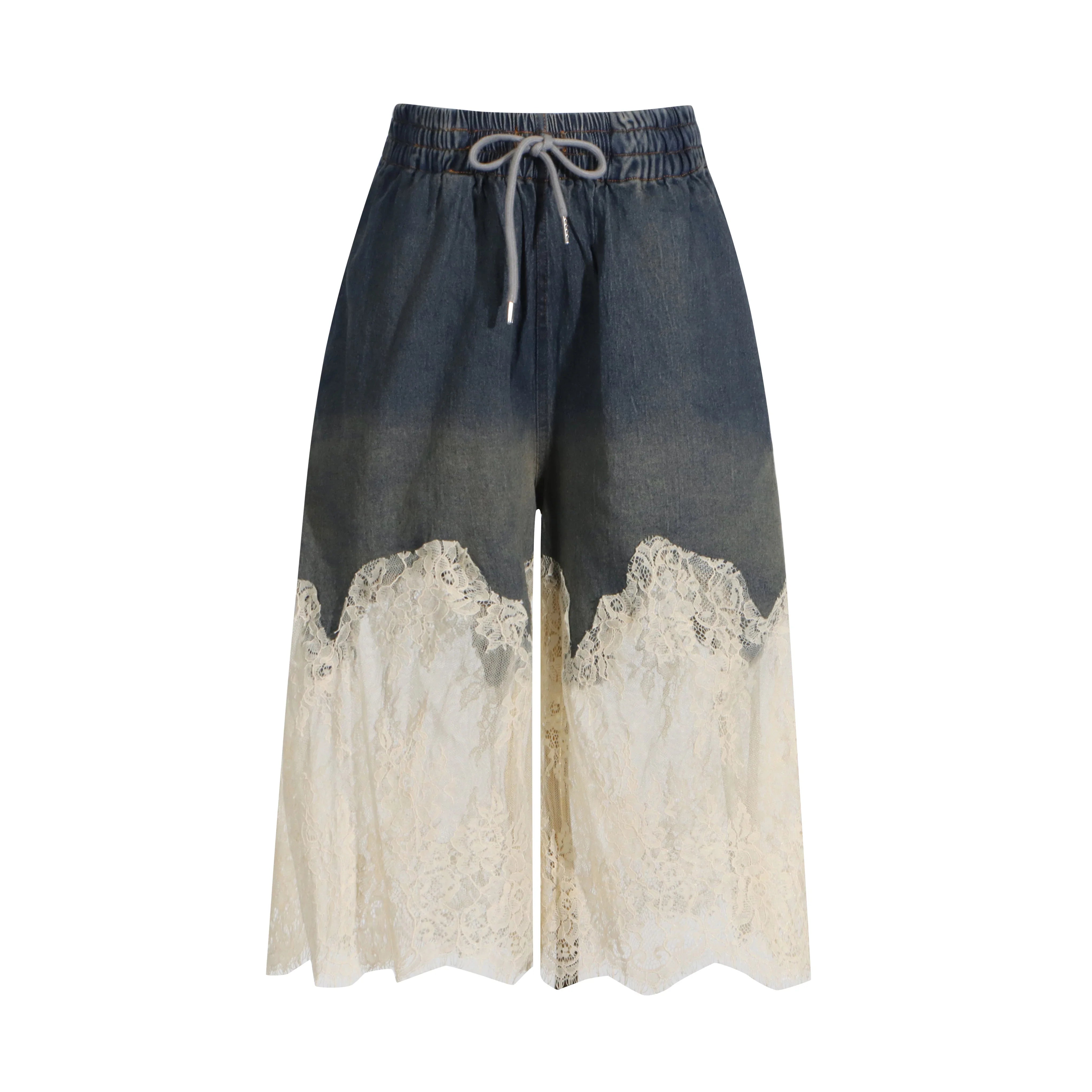 Spliced Lace Denim Two Piece Set For Women V Neck Sleevelss Top High Waist Knee Length Pant Streetwear Sets Female BLUEPANT