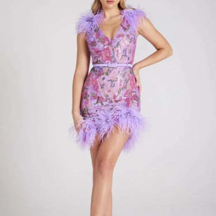 2024 New Fashion Women Sleeveless Sexy V-Neck Shinning Sequins Feathers Bodycon Mini Dress Elegant Evening Party Dress Outfit