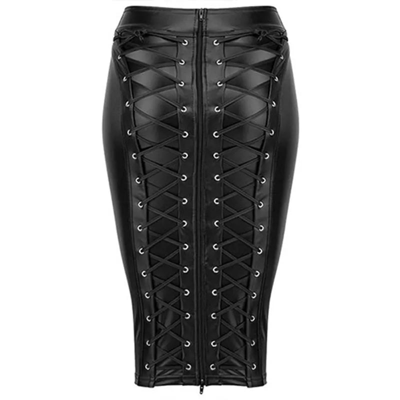 Womens Knee Length Stretch PU Leather Skirt Saia De Couro Jupe Latexwith Ties In Back 2023 Lace Up Zipper BandageLeather Skirts Black