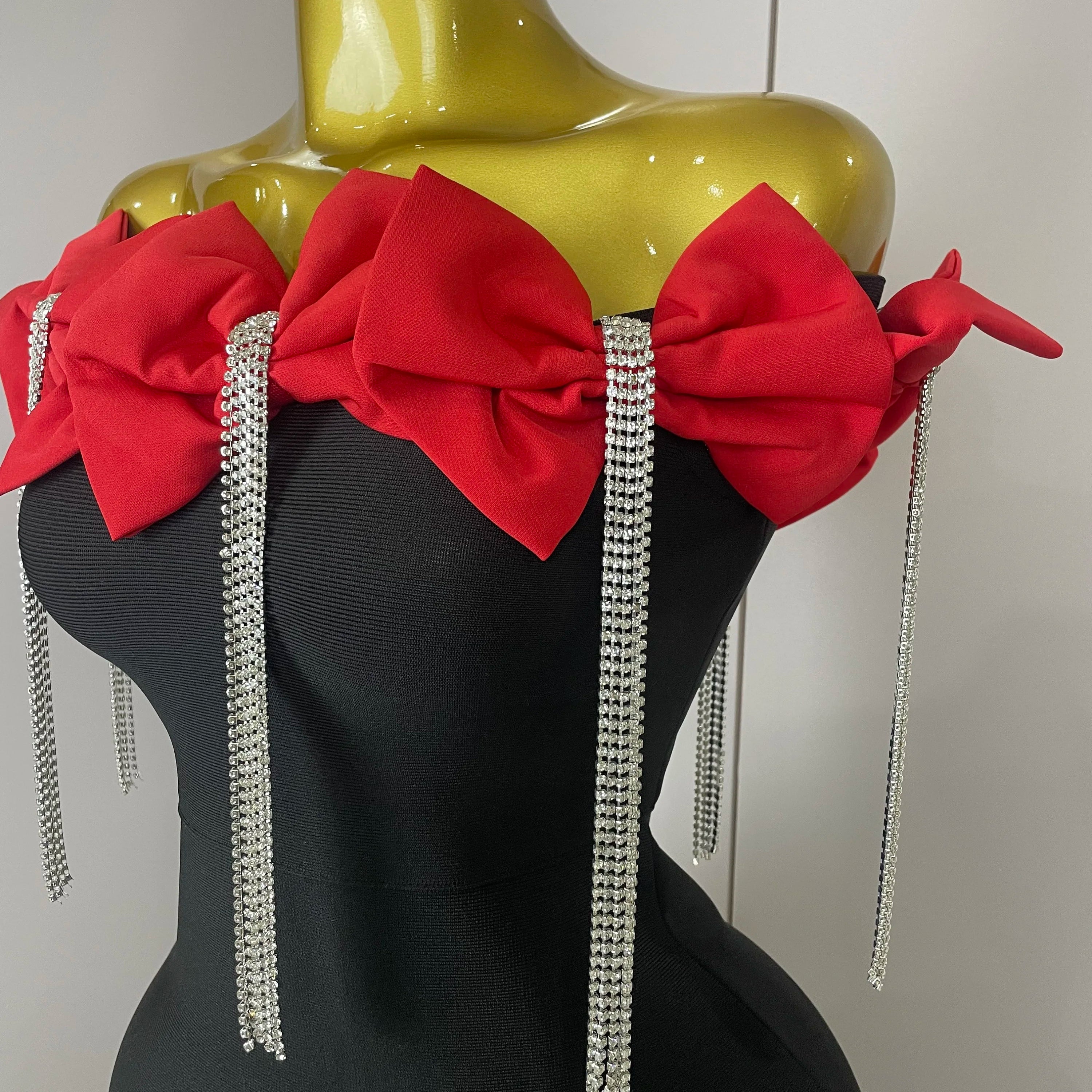 2025 Women Celebrity Sexy Off Shoulder Flower Diamonds Black Bow Tie Maxi Long XL Bandage Dress Elegant Evening Club Party Dress