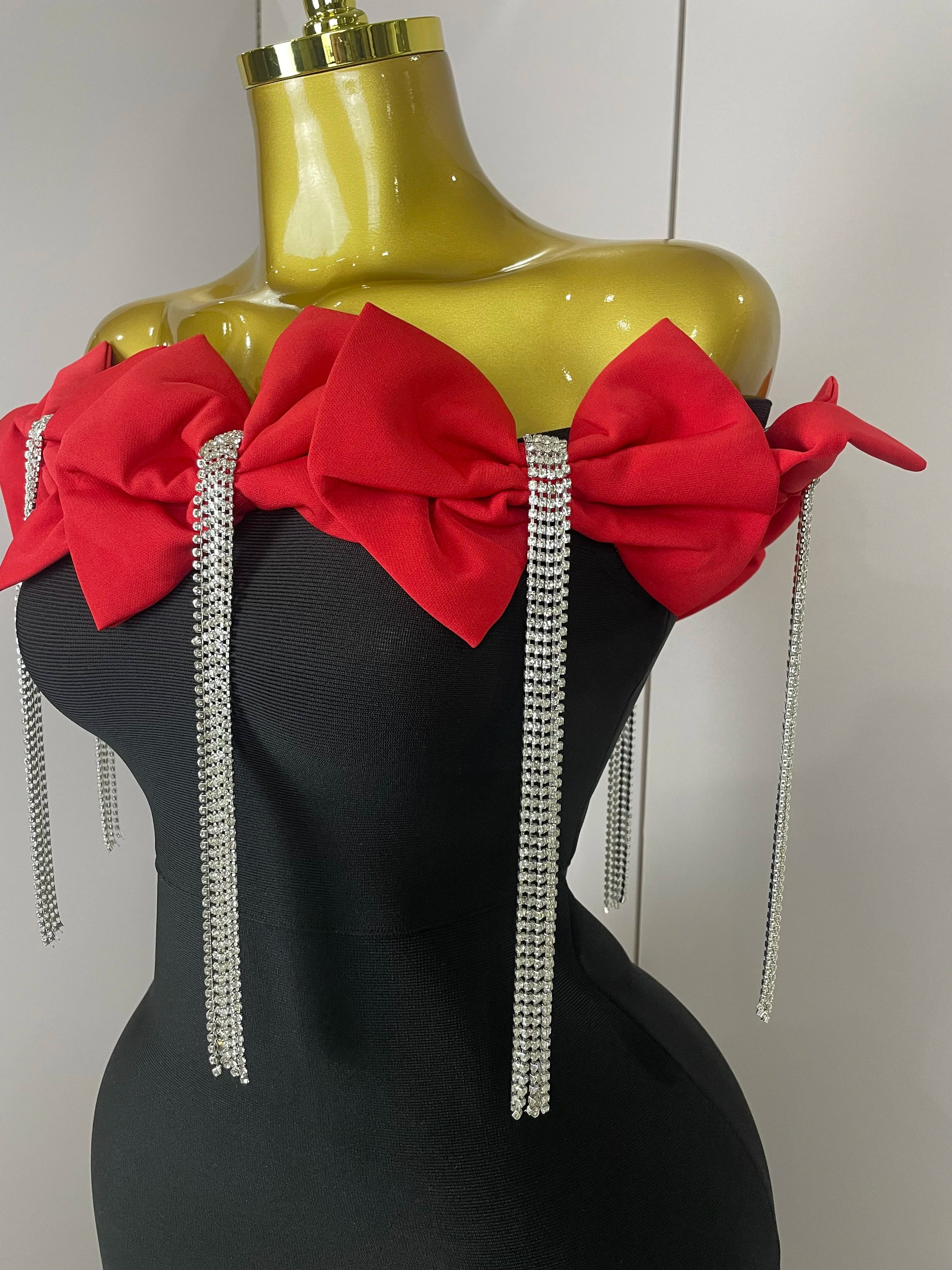 2025 Women Celebrity Sexy Off Shoulder Flower Diamonds Black Bow Tie Maxi Long XL Bandage Dress Elegant Evening Club Party Dress