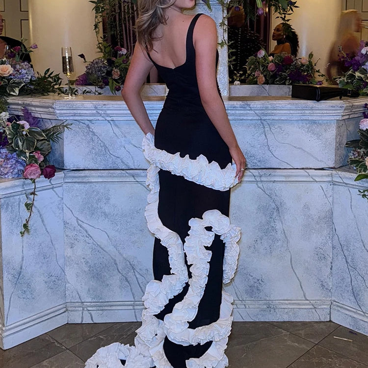 Artistic Black & White Strappy Dress Gown Ruffled Detailing for Creative Galas