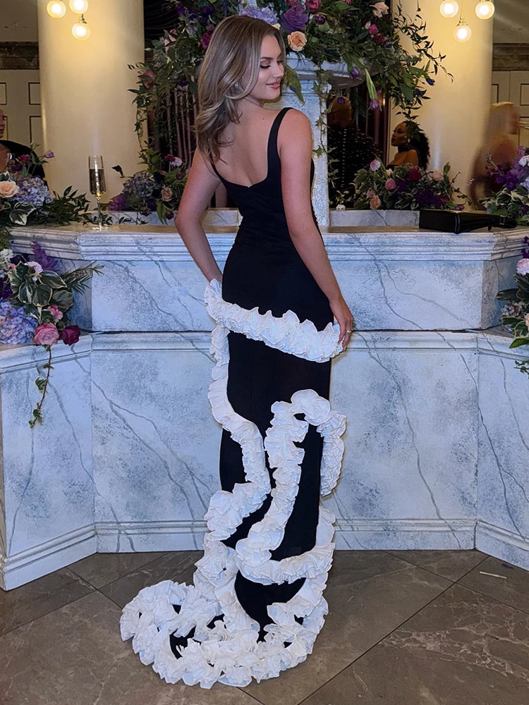 Artistic Black & White Strappy Dress Gown Ruffled Detailing for Creative Galas