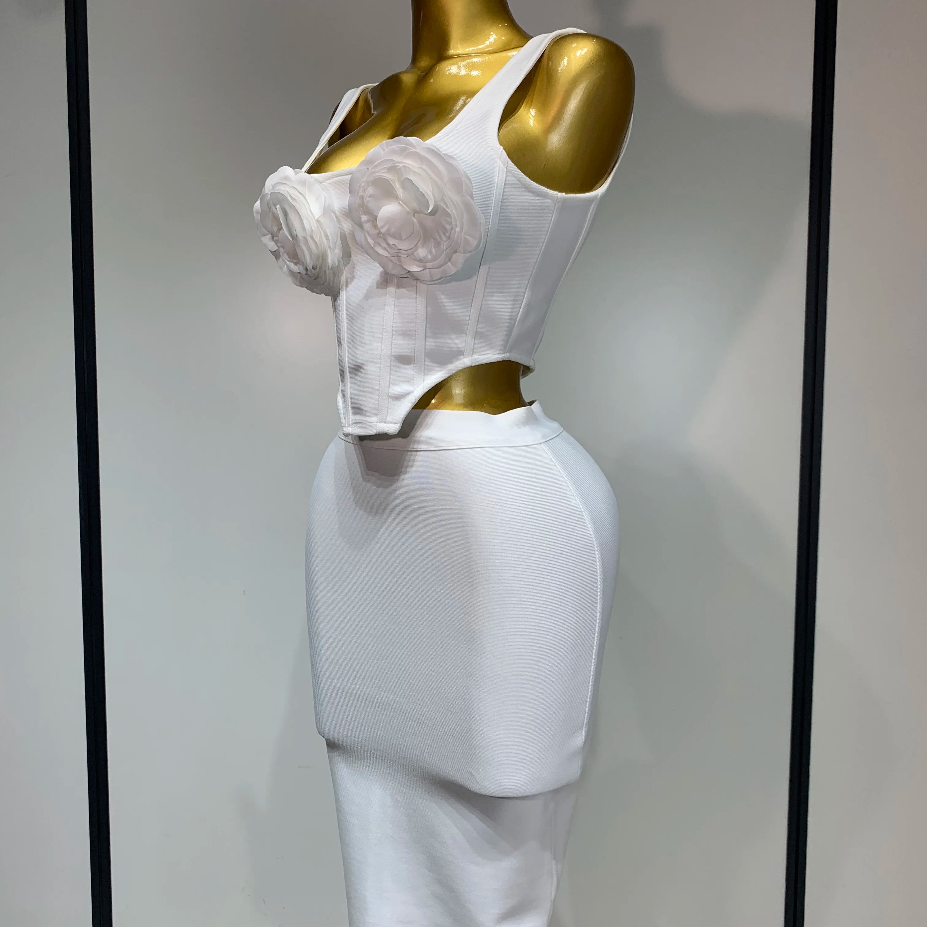 Women Sexy Square Collar Backless Flower Bandage Two Piece Set 2025 Knitted Elegant Evening Club Party Clothing