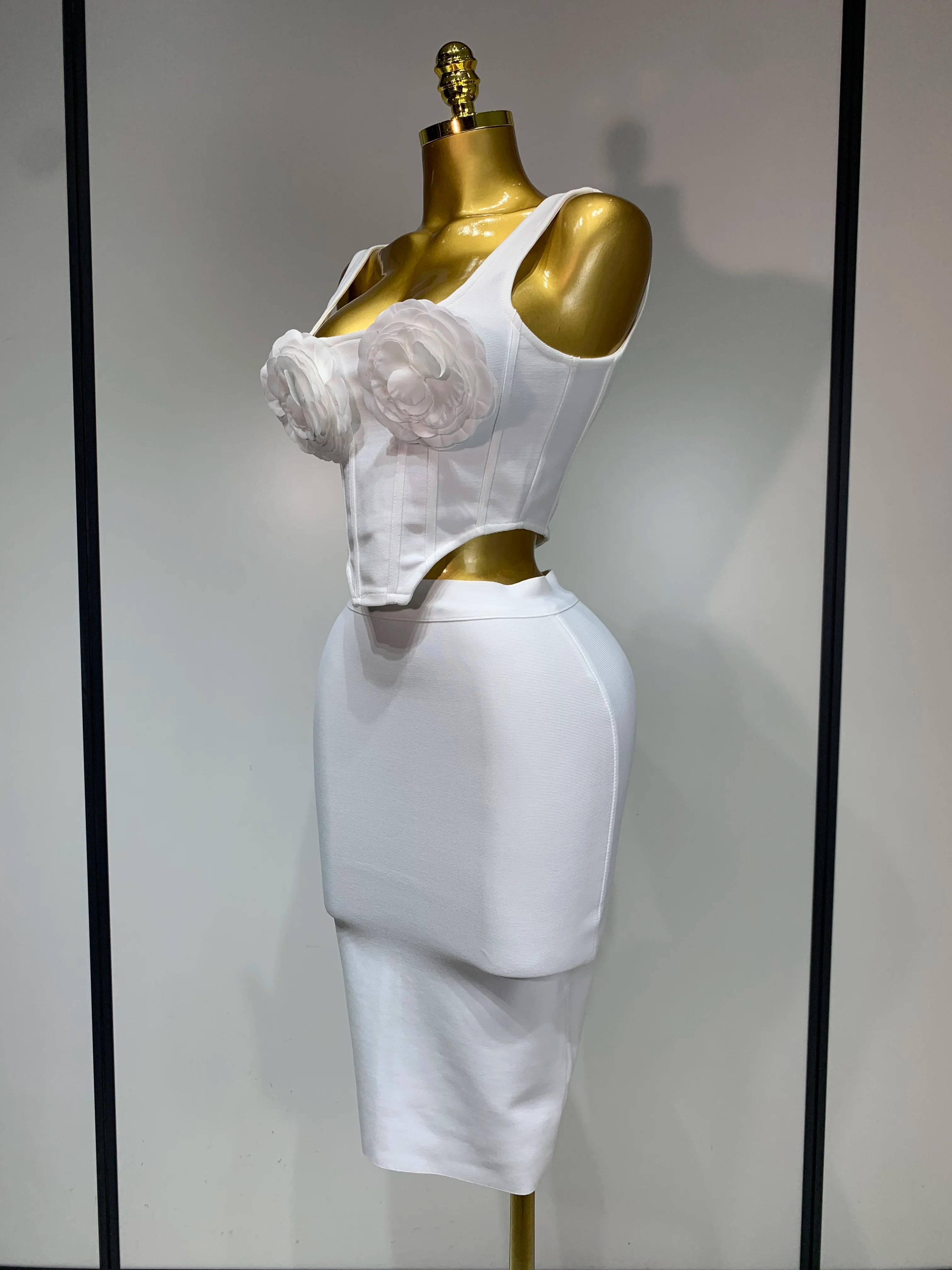 Women Sexy Square Collar Backless Flower Bandage Two Piece Set 2025 Knitted Elegant Evening Club Party Clothing