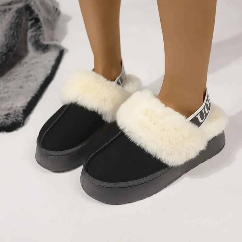 New Leather Women Fashion Winter Indoor Solid Color Suede Slippers Ladies Home Platform Warm Slip-on Women’s Shoes black