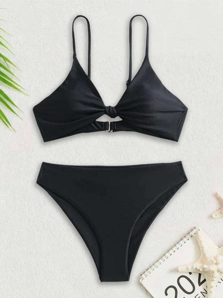 Bikini Women Swimsuit New Solid Black High Waist Bikinis Set Lace Up Bathing Suit Swimwear Summer Brazilian Beach Two Piece Black 1